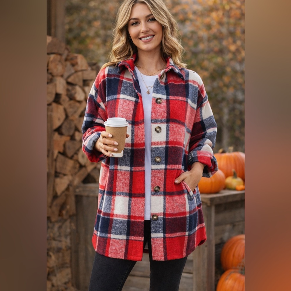 Red Plaid Shacket Jacket Womens Large Cozy Fall Oversized